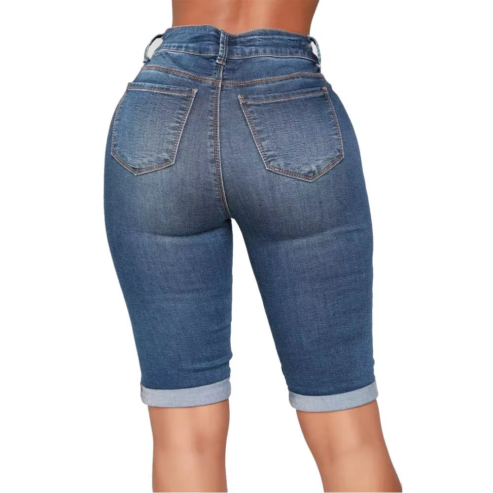 Womens Middle Rise Elastic Denim Shorts Knee Length Curvy Bermuda Stretch Short Jeans