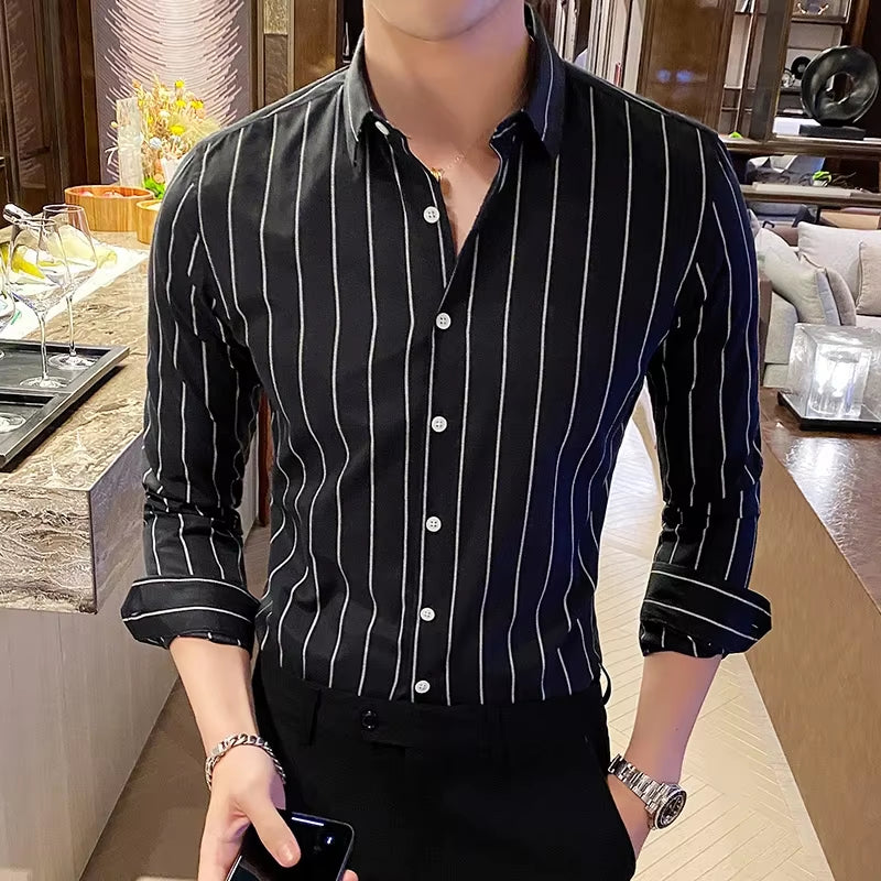 Korean Fashion Men'S Shirts Button down Slim Fit Long Sleeve Striped Shirt