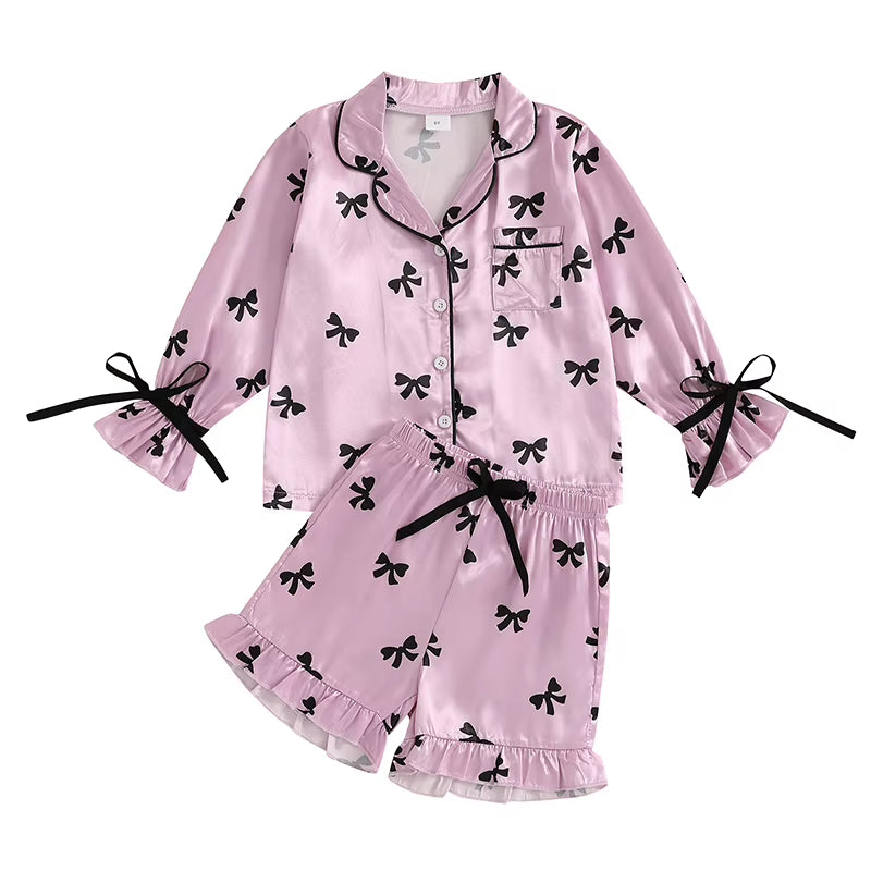 4-12Y Fashion Children Kids Girls Pajama Sets Satin Bow/Cherry Print Tie-Up Flare Long Sleeve Button Shirts+Elastic Waist Shorts