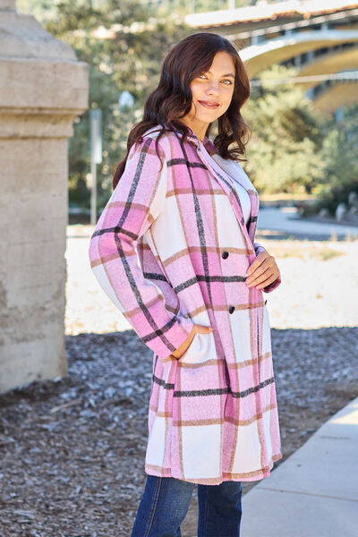 Double Take Full Size Plaid Button Up Lapel Collar Coat-1