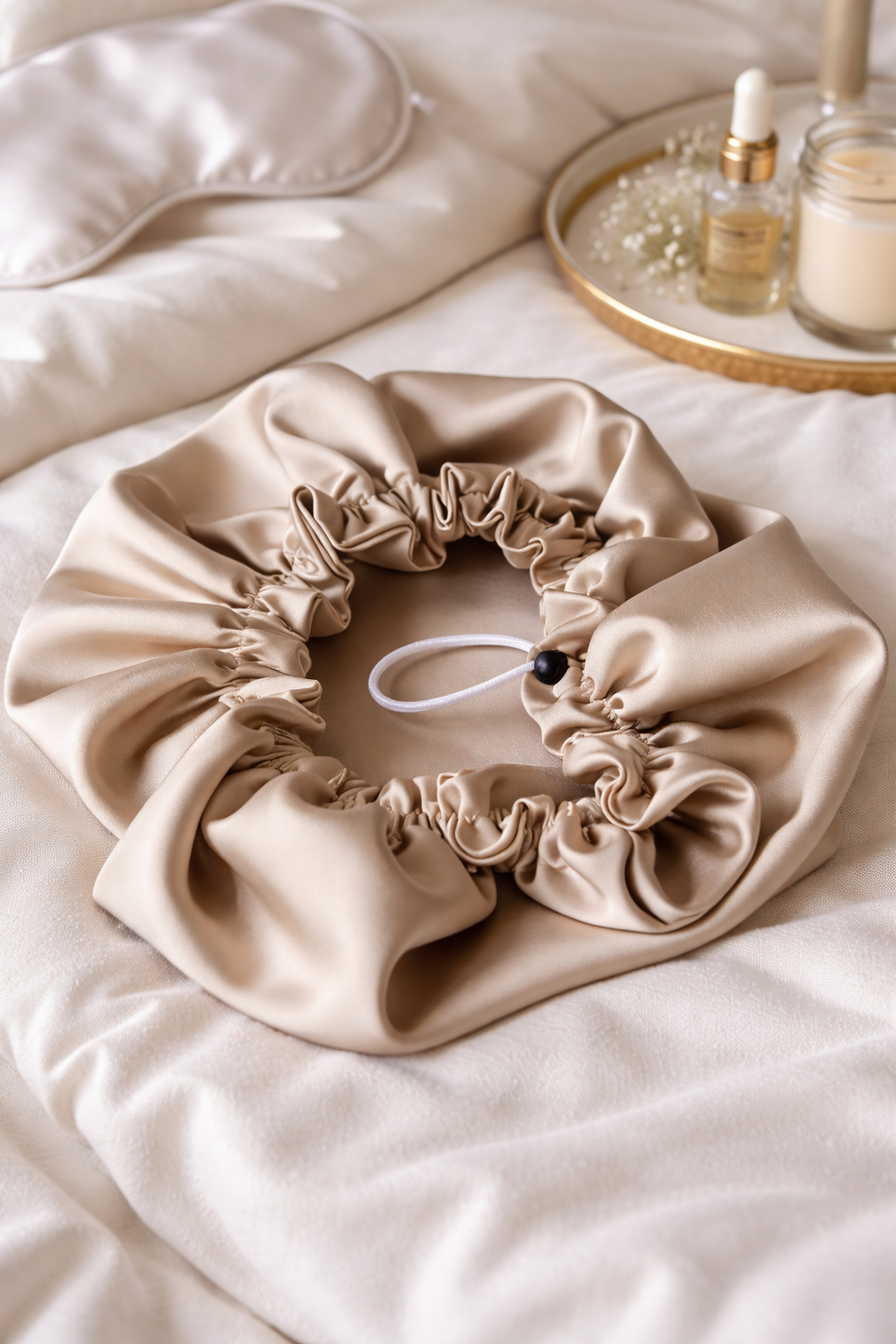 Large champagne satin adjustable sleep bonnet for hair protection -UpTied Scrunchie Co