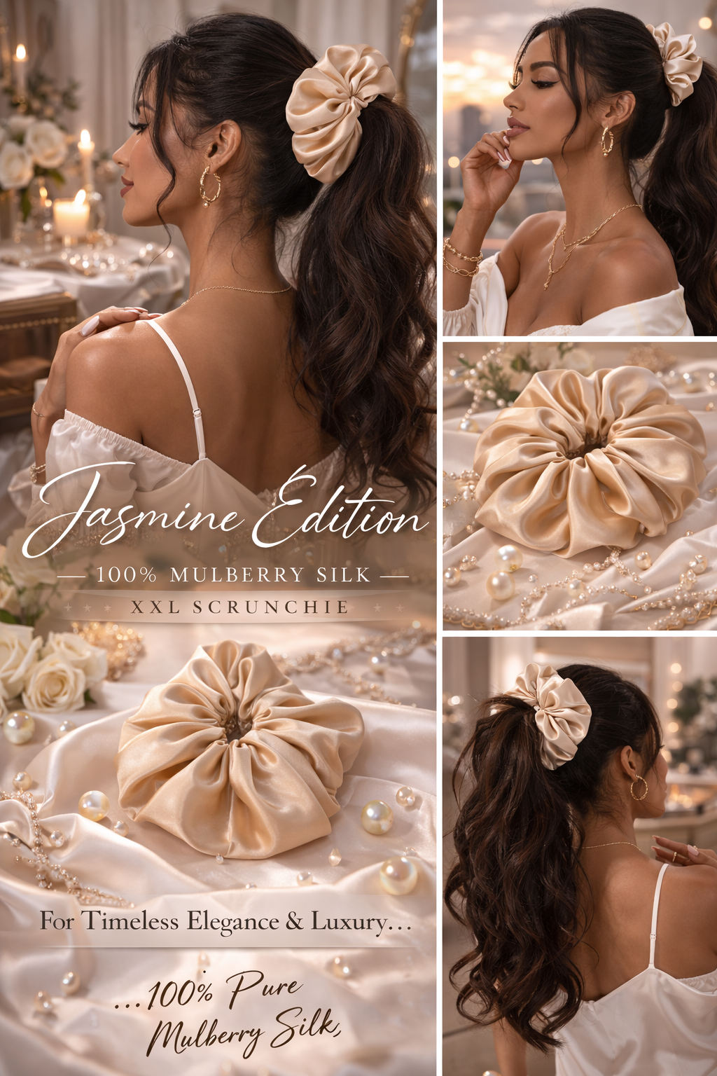 
Jasmine Édition XXL oversized champagne 22MM mulberry silk scrunchie - UpTied Scrunchie Co