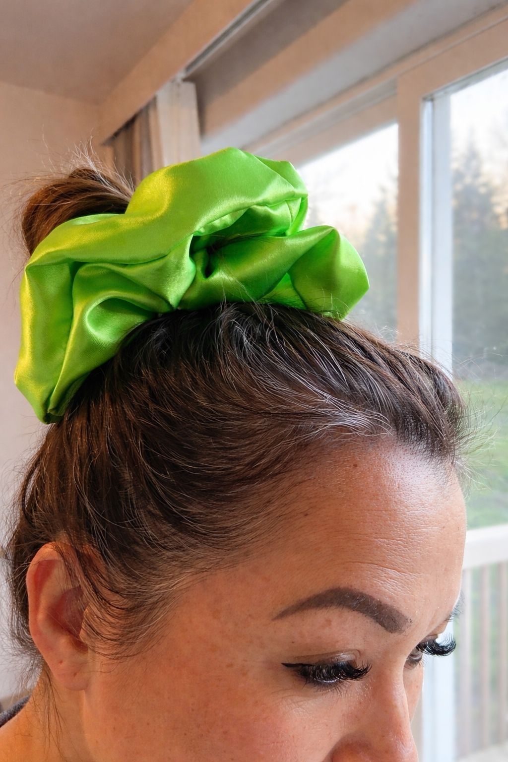 Cardio Queen – XL Neon Green Satin Scrunchie | Soft Shine, Active Hold, Everyday Energy
