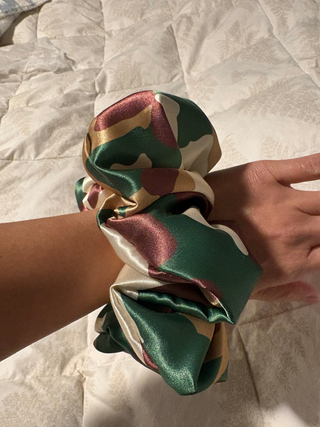 I Don't Care - Oversized Green Camo Satin Scrunchie (XXL)