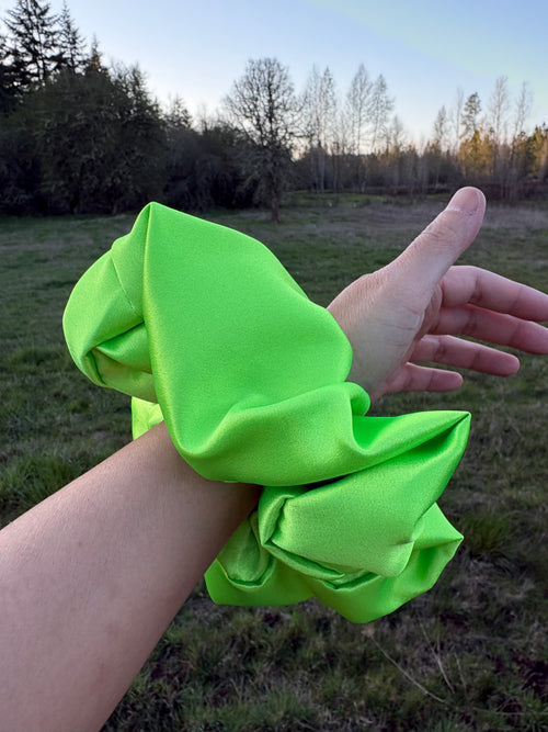Cardio Queen – XL Neon Green Satin Scrunchie | Soft Shine, Active Hold, Everyday Energy