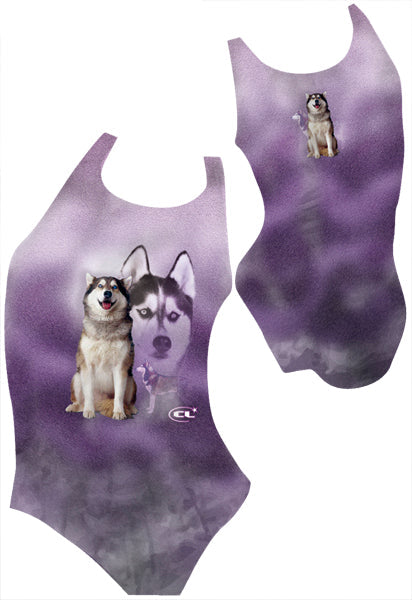 Huskies Girl’s swimsuit / Husky Dog Print / Made in Canada