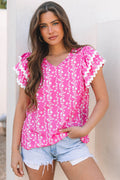 Rayna Floral Ric-rac Tiered Ruffled V Neck Blouse-0