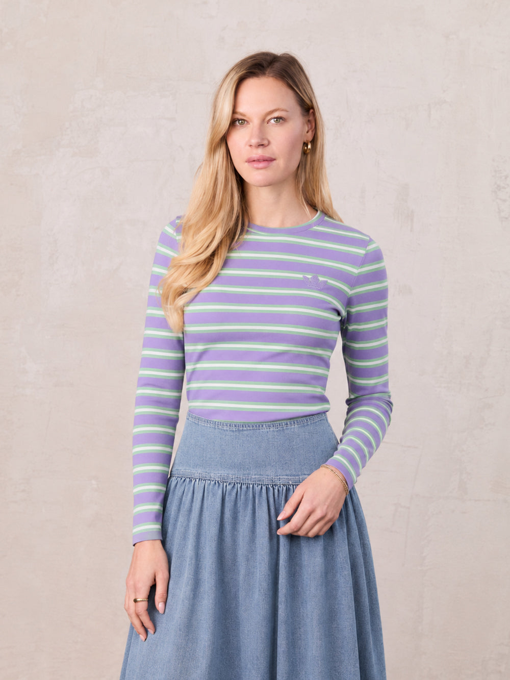 Embroidered Crown Striped Tee-Lavender/Mint/White-0