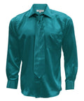 Teal Satin Regular Fit Dress Shirt, Tie & Hanky Set-0