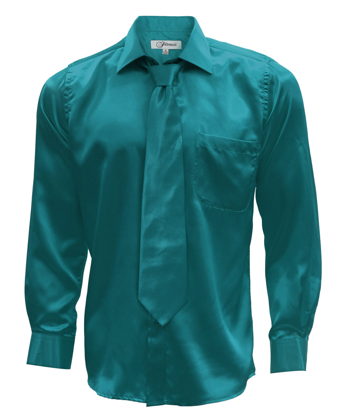 Teal Satin Regular Fit Dress Shirt, Tie & Hanky Set-0