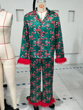 Women Christmas Pajamas Sets Satin Santa Claus/Bow Print Long Sleeve Feather Trim Button Shirts Pants Sleepwear Loungewear