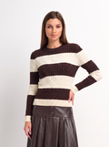 Wide Stripe Cable Knit Sweater - Cream/Brown-0