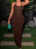 Sexy Stripe Ribbed Knit Slim Bodycon Maxi Dress Women Sleeveless Backless Long Popcorn Ndress Elegant Club Party Vestidos