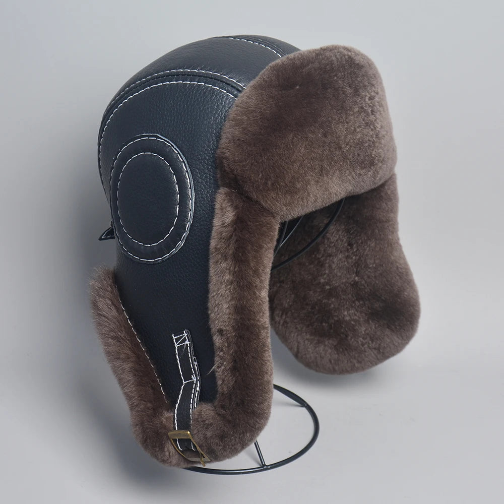 2026 New Men'S 100% Natural Rex Rabbit Fur Bomber Hats Winter Russian Man Warm Real Sheepskin Leather Hat Male Real Fur Caps