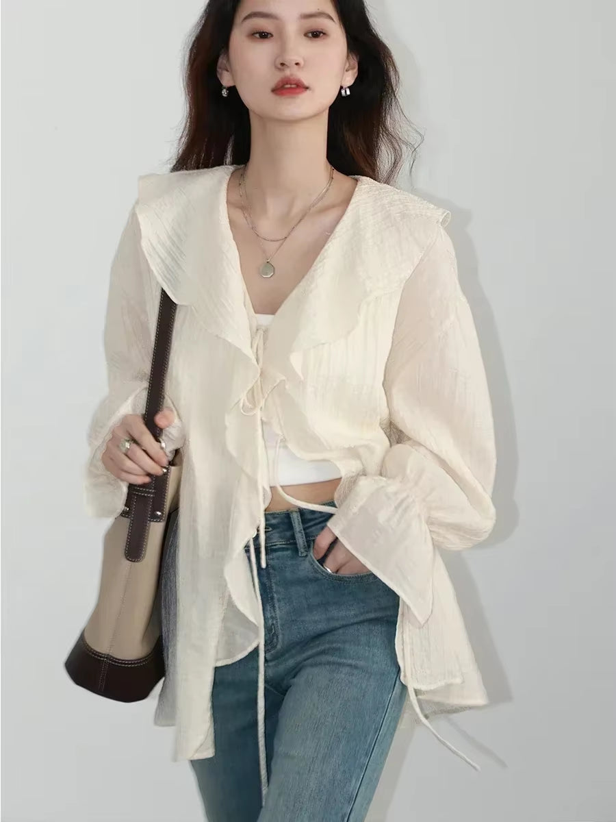 Women Shirt Loose Casual Ruffled Edges Female Blouses V Neck Lace up Mid Length Woman Shirts Spring Summer 2026