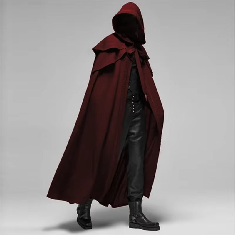 Medieval Vintage Hooded Loose Black Cloak Coats Windproof Trench Chic Winter Long Cape Poncho Gothic Mens Monk Cosplay