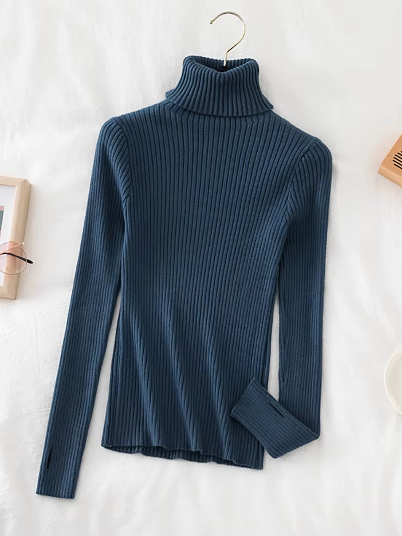 2026 Warm Thick Autumn Winter Women Sweater Pullover Basic Ribbed Sweaters Cotton Tops Knitted Solid Turtleneck with Thumb Hole