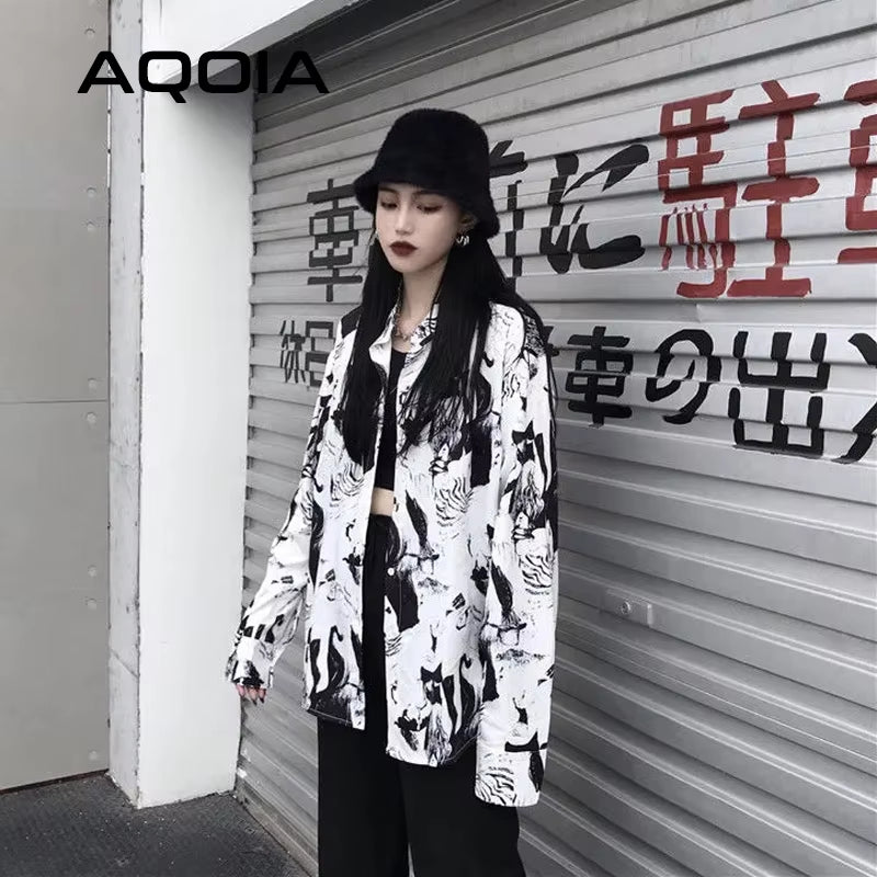 2025 Summer Harajuku Ink Printing Women Blouse Shirt Loose Long Sleeve Button up Ladies Shirt Y2K Oversize Female White Clothing