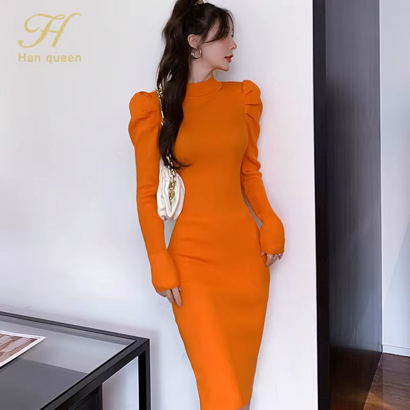 Autumn Long Sleeve Puff Sleeve Sweater Knit Dress Bottoming Simple Office Female Bottoming Pencil Knitted Vestidos