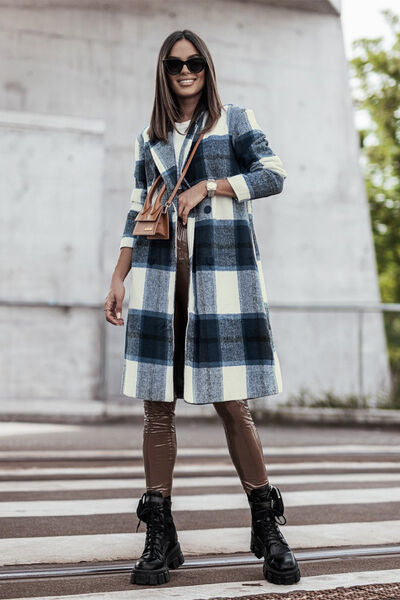 Double Take Full Size Plaid Button Up Lapel Collar Coat-7