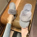 New Fashion Women'S Slippers Winter New Hedging Rhinestone Flat Home Slippers 35-43 Faux Fur Warm House Slippers Women