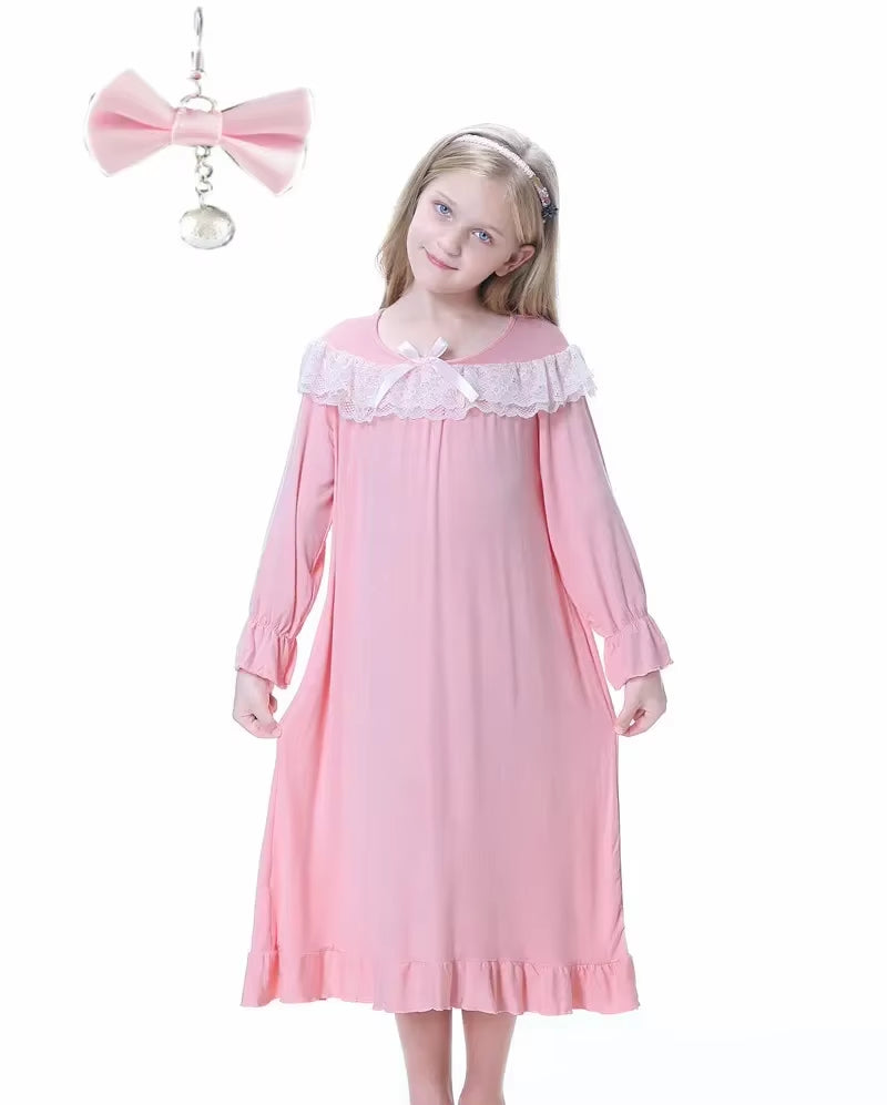 Girls Long Sleeve Nightgown Kids Pajamas White Pink Sleepwear 2024 Spring Fall 2-10-Years Children'S Long Nightdress
