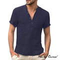 Summer Fashion Cotton Linen Casual T-Shirts Casual Male Short Sleeve V-Collar Breathable Men'S Tee Button-Up T S-5XL