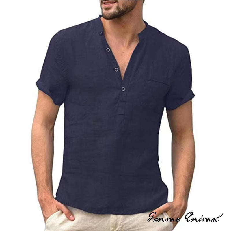 Summer Fashion Cotton Linen Casual T-Shirts Casual Male Short Sleeve V-Collar Breathable Men'S Tee Button-Up T S-5XL