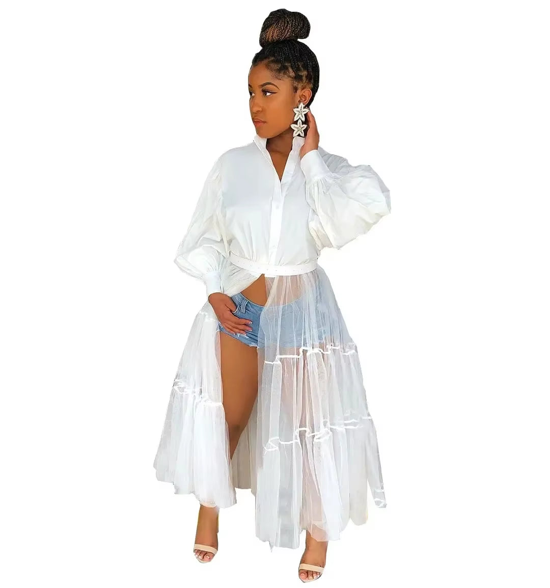 Women Summer Long Sleeve Maxi Blouses Mesh Patchwork Long Dress Vintage Sexy Club Maxi Dresses