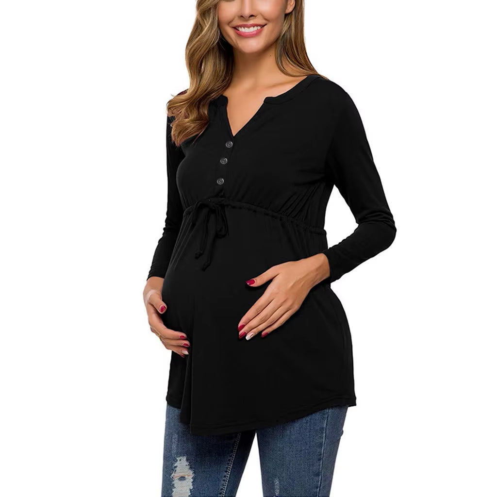 Women Maternity Long Sleeve Solid Color Nursing Tops T-Shirt for Breastfeeding