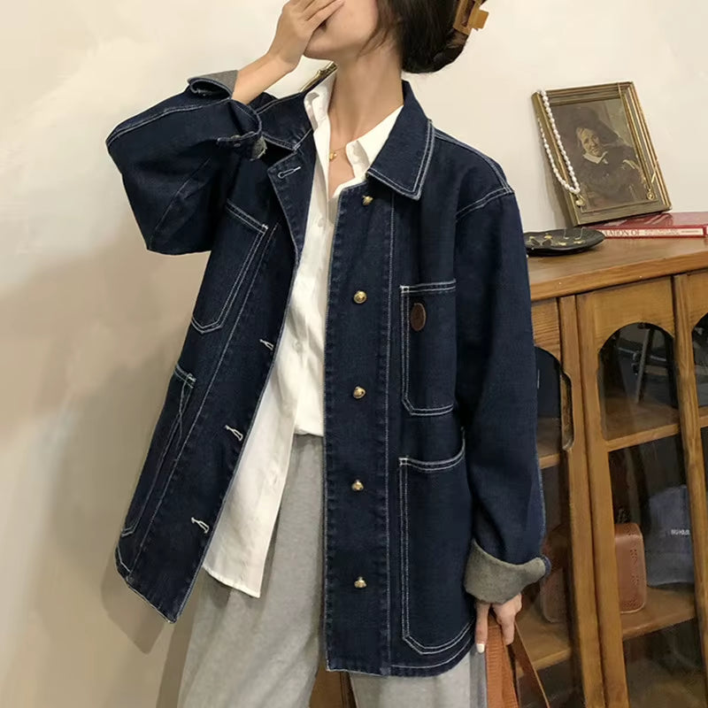 Women'S Casual Jean Coats 2021 Autumn Women Loose Vintage Blue Denim Jacket Long Sleeve Loose Female Girls Outwear Coats (78518)