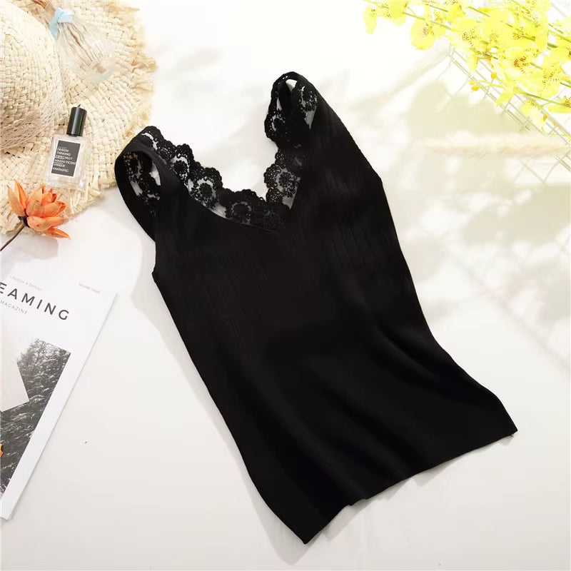 2025 Sexy Basic Lace Camisole Summer Knit Tank Top Women V Neck Camisole Female Camis High Elasticity Top Casual Tank Tops