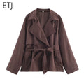 V-Neck Belt Trench Coat Women Lace up Full Sleeve Button Short Thin Windbreak 2026 Lady New Fashion Daily Street Outerwear