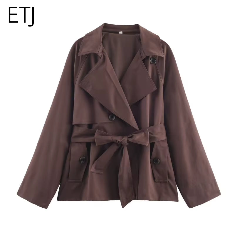 V-Neck Belt Trench Coat Women Lace up Full Sleeve Button Short Thin Windbreak 2026 Lady New Fashion Daily Street Outerwear