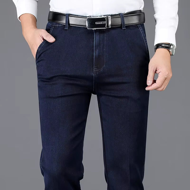 Autumn and Winter Classic Men'S High Waist Business Jeans Dark Blue Straight Elasticity Denim Trousers Male Brand Thick Pants
