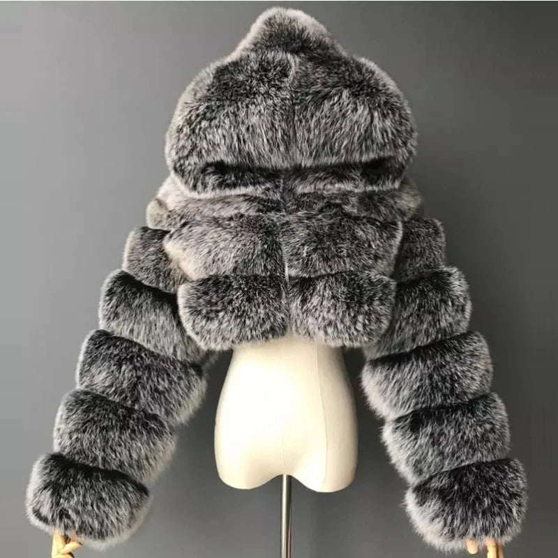 High Quality Furry Cropped Faux Fur Coats and Jackets Women Fluffy Top Coat with Hooded Winter Fur Jacket Manteau Femme