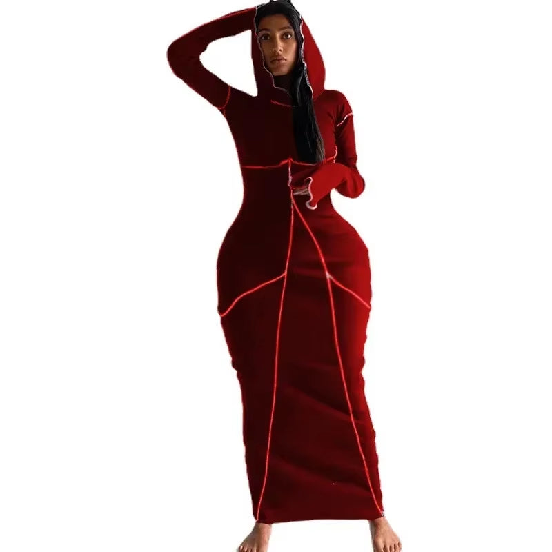 Women Patchwork Hooded Long Sleeve Bodycon Maxi Dress Sexy Club Party Long Dresses 2021 Spring Winter