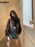 Spring Autumn Cool Retro Waterproof Distressed Brown Pu Leather Jackets for Women Zipper Maillard Style Clothes 2024