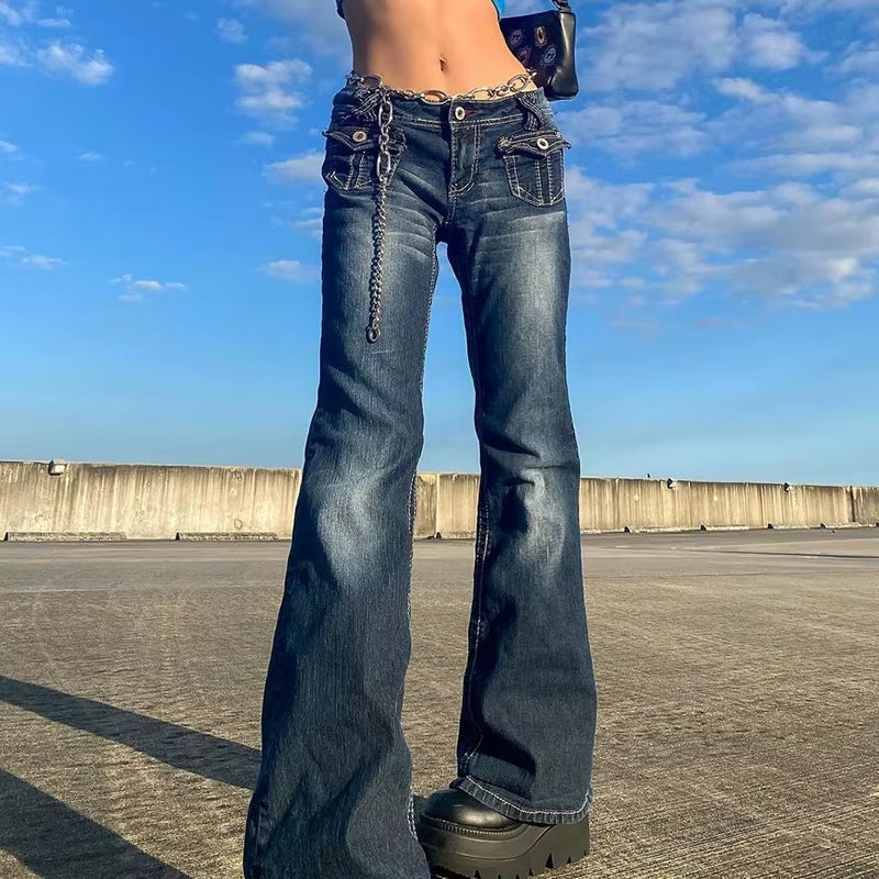 Korean Style Harajuku Hot Mom Denim Jeans Y2K Grunge Vintage Low Waisted Pockets Skinny Flare Pants 2000S Retro Cargo Trousers