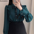 Women'S Ruffles Cute Bow Tie Tops Preppy Style Vintage Japanese Korea Design Button Elegant Formal White Shirts Blouses