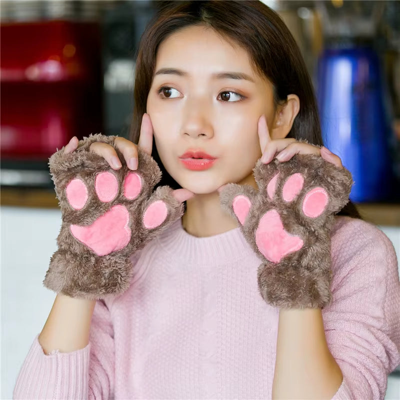 1Pair Girl Lovely Bear Plush Cat Paw Claw Gloves Winter Faux Fur Kitten Fingerless Mittens for Women Christmas Gloves