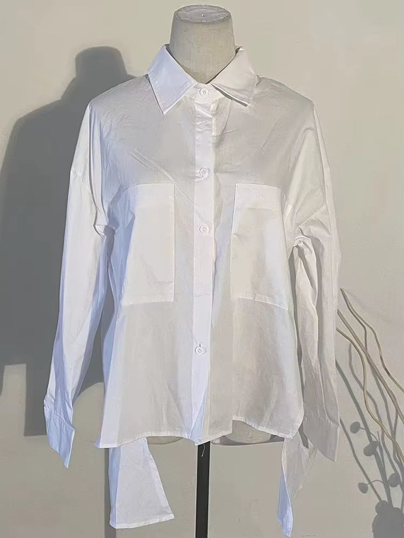 [] Women White Back Long Loose Big Size Irregular Shirt New Spring Autumn Lapel Long Sleeve Blouse Fashion 2026 Tide JU847