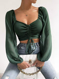 2023 Woman’S Tops Puff Sleeve Sexy Close-Fitting Summer and Spring Lace up V-Neck Fashion Solid Color Simple Long Sleeve Hot
