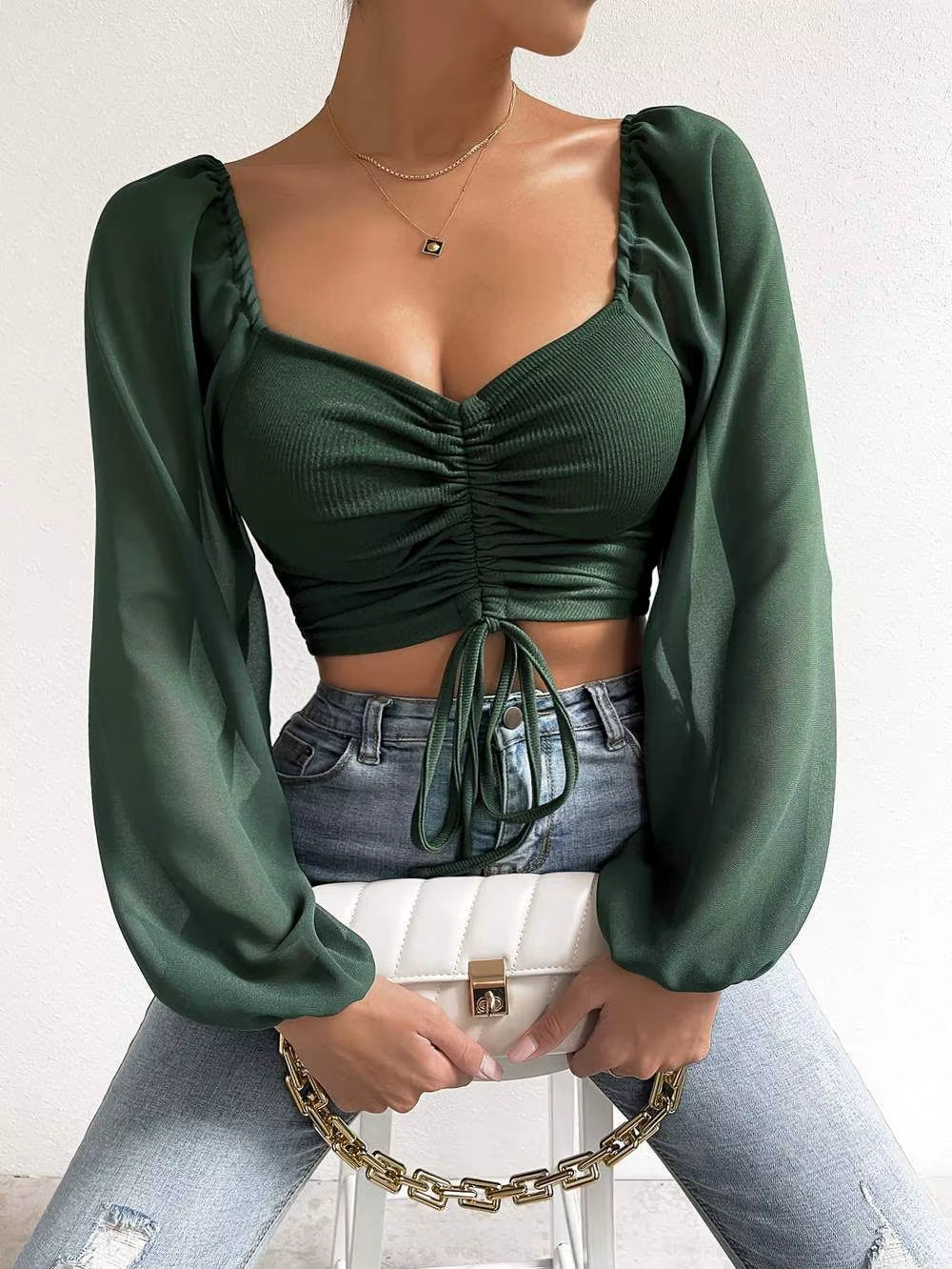 2023 Woman’S Tops Puff Sleeve Sexy Close-Fitting Summer and Spring Lace up V-Neck Fashion Solid Color Simple Long Sleeve Hot