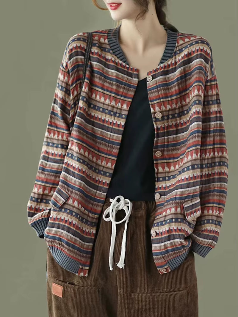 Amax Lulue 2025 Summer Womens Striped Jackets Japan Style Linen Printed Coats Ladies Vintage Loose Clothes Buttons Basic Jacket