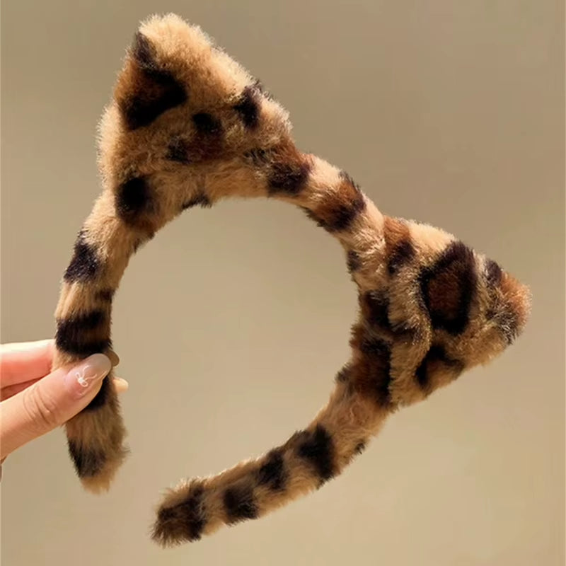 1/2Pcs Faux Fur Headwear Leopard Print Hair Accessories Hair Hoop Washing Face Plush Hair Bands Cat Ears Headbands Party Wear