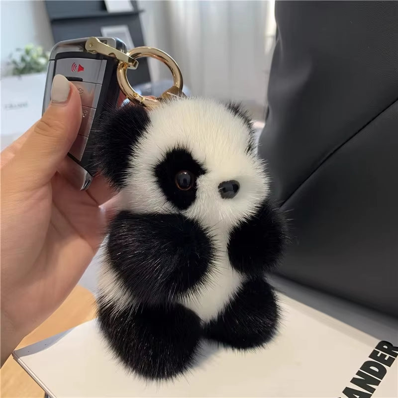 Faux Fur Panda Pendant Plush Doll for Women Bag Ornaments Cute Mink Fur Panda Car Keychain Animal Car Key Chain Birthday Gifts