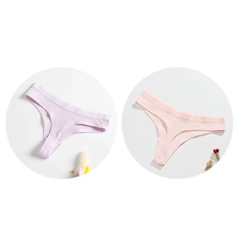 2 Pcs G-String Panties Cotton Women Sexy Underpants Ladies Ribbed Thong Solid Color Low Waist Bikini Briefs Underwear plus Size