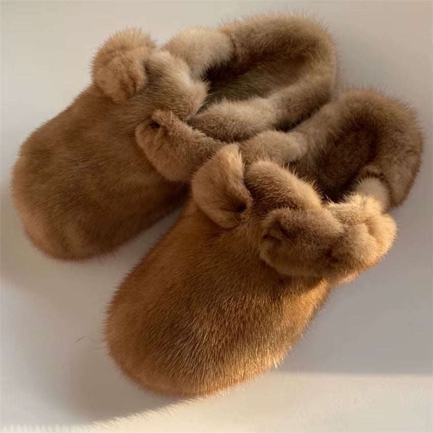 Women'S High-End Fur Baotou Slippers Winter Comfort and Warmth Luxury Mink Fur Flats Indoor Slip-On Slippers for Lazy People
