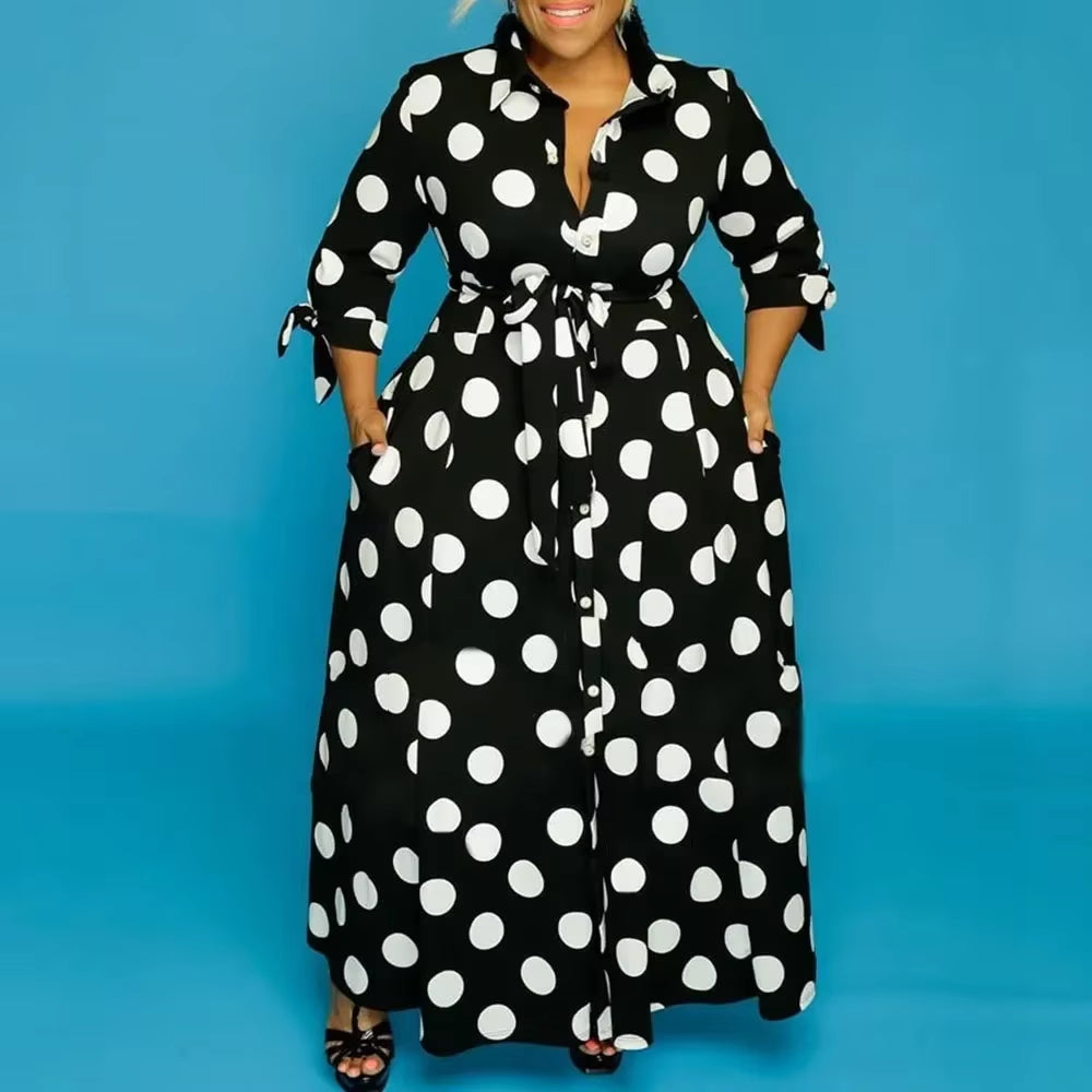 Autumn Dot Print Button up plus Size XL-5XL Women Blousers Maxi Dress Vestidos Streetwear Long Dresses Vestidos